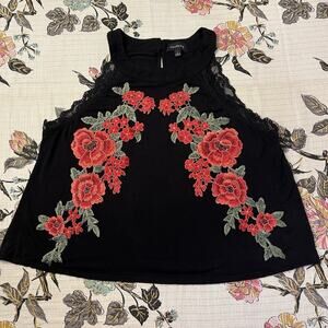 Halter Crop Top Embroidered Floral Medium Black/Red Festival Boho Lace